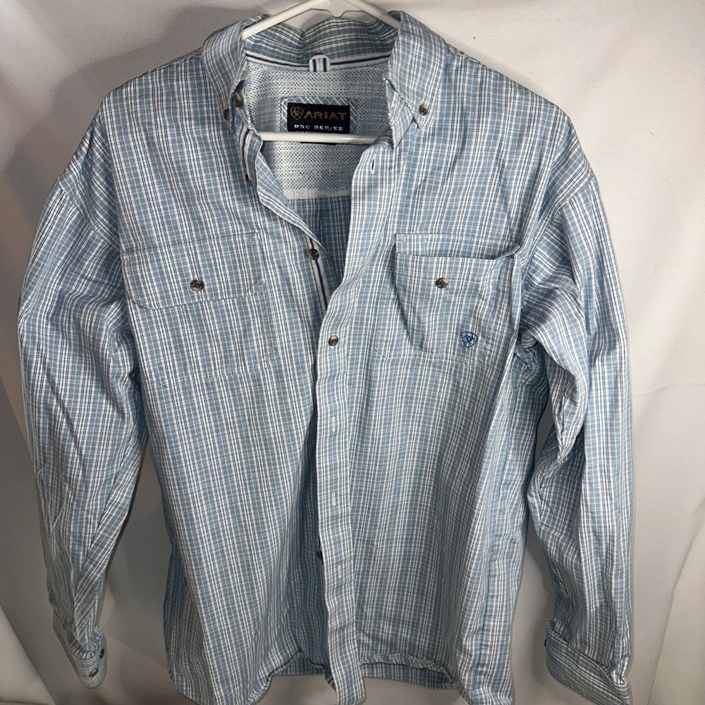 Ariat Pro Series Shirt Men Medium Blue Plaid Cotton Long Sleeve Cowboy